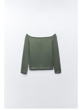 Zara Olive Green Off-Shoulder Long Sleeve Top